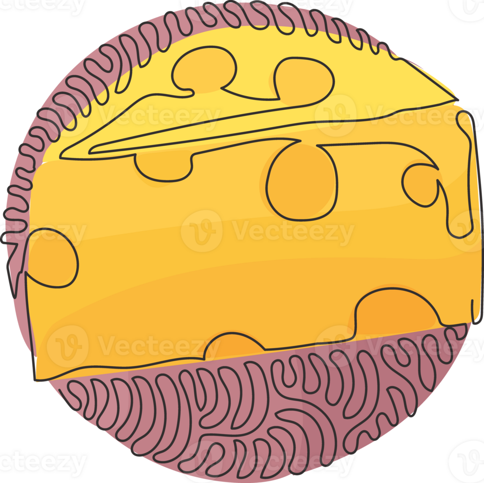 solteiro 1 linha desenhando queijo cheddar queijo simples gradiente logotipo com buracos realista triângulo forma. Aperitivo para café da manhã. redemoinho ondulação círculo estilo. moderno contínuo linha desenhar Projeto gráfico png