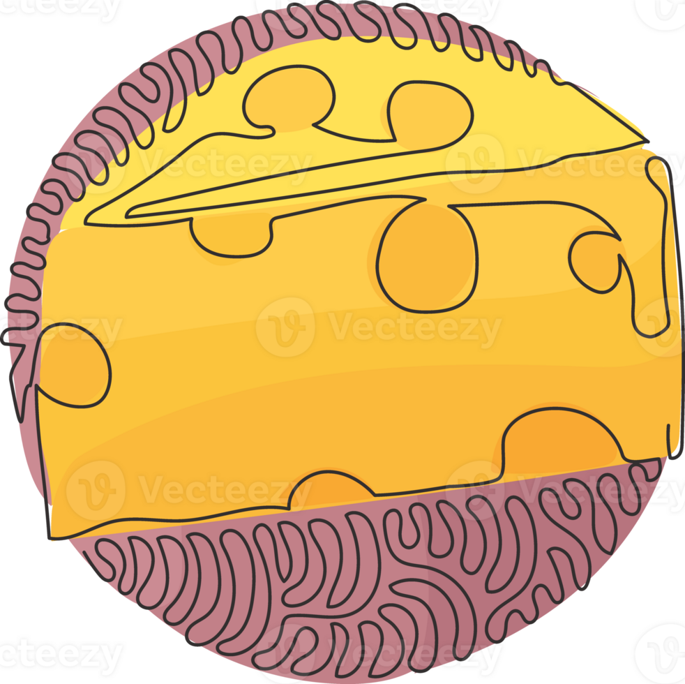 Single one line drawing cheddar cheese simple gradient logo with holes realistic triangle form. Appetizer for breakfast. Swirl curl circle style. Modern continuous line draw design graphic png