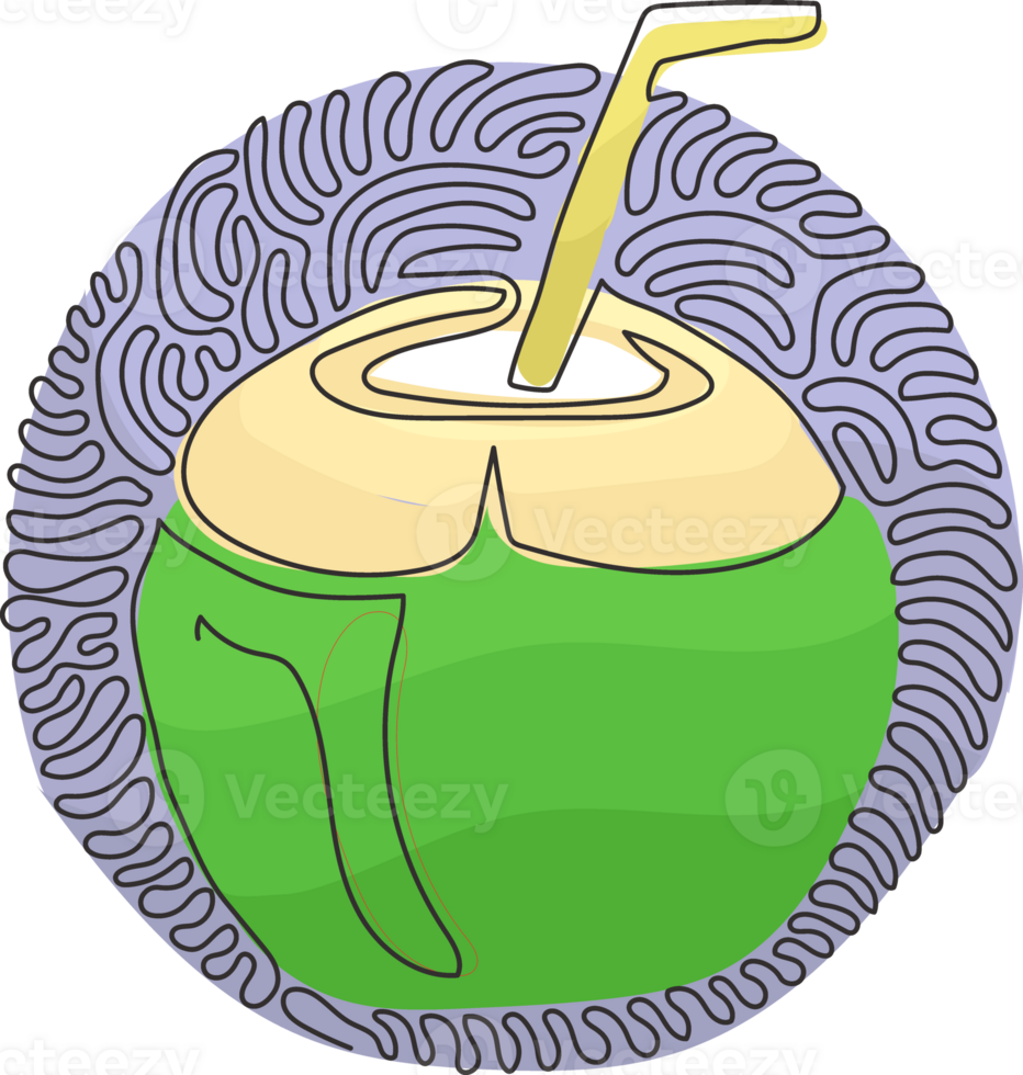 Continuous one line drawing green coconut water drink with drinking straw. Summer dessert food and drink menu. Swirl curl circle style. Single line draw design graphic illustration png