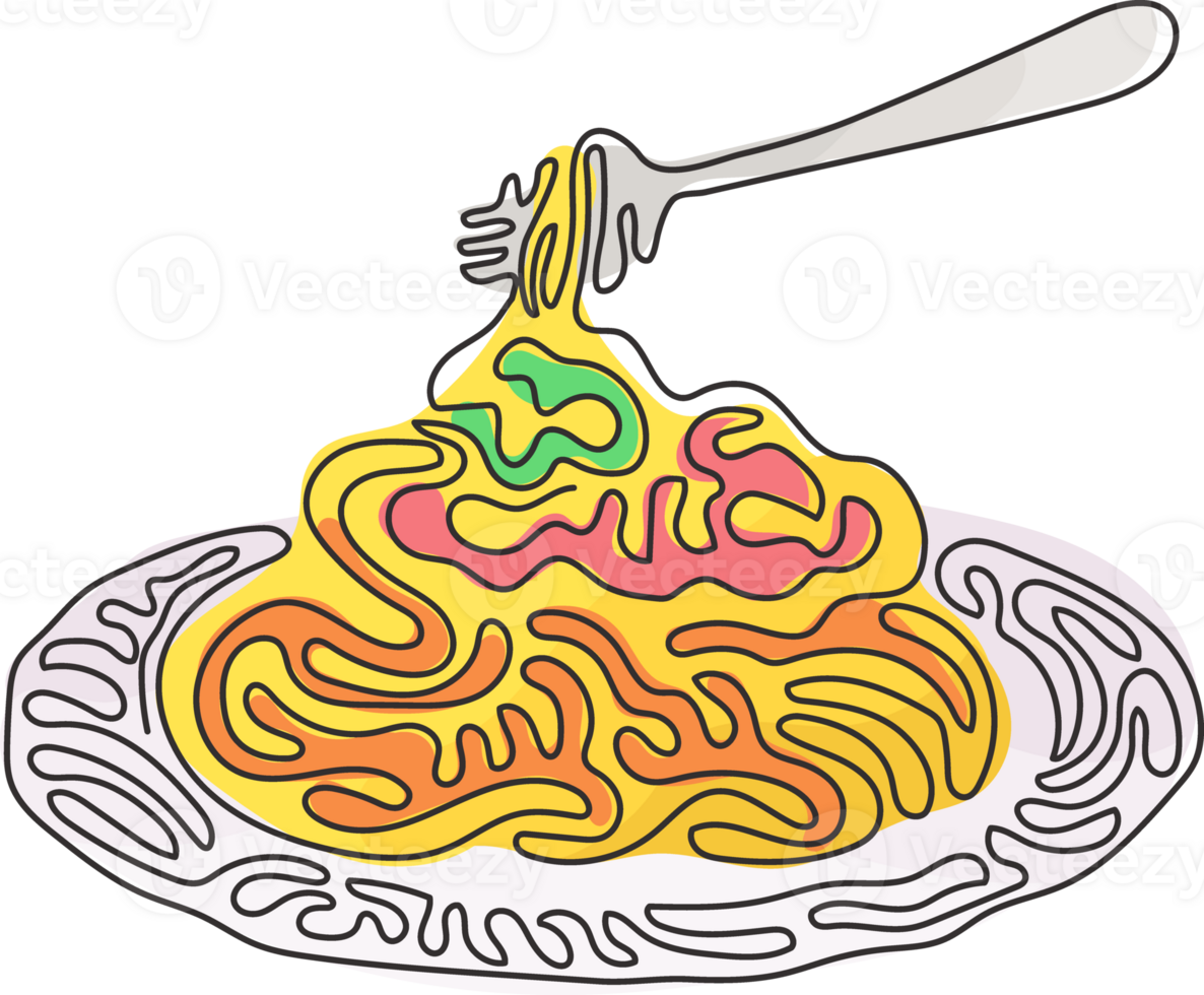 Continuous one line drawing spaghetti bolognese with fork on plate. Classic Italian pasta dish for lunch. Delicious meal at home. Swirl curl style. Single line draw design graphic illustration png