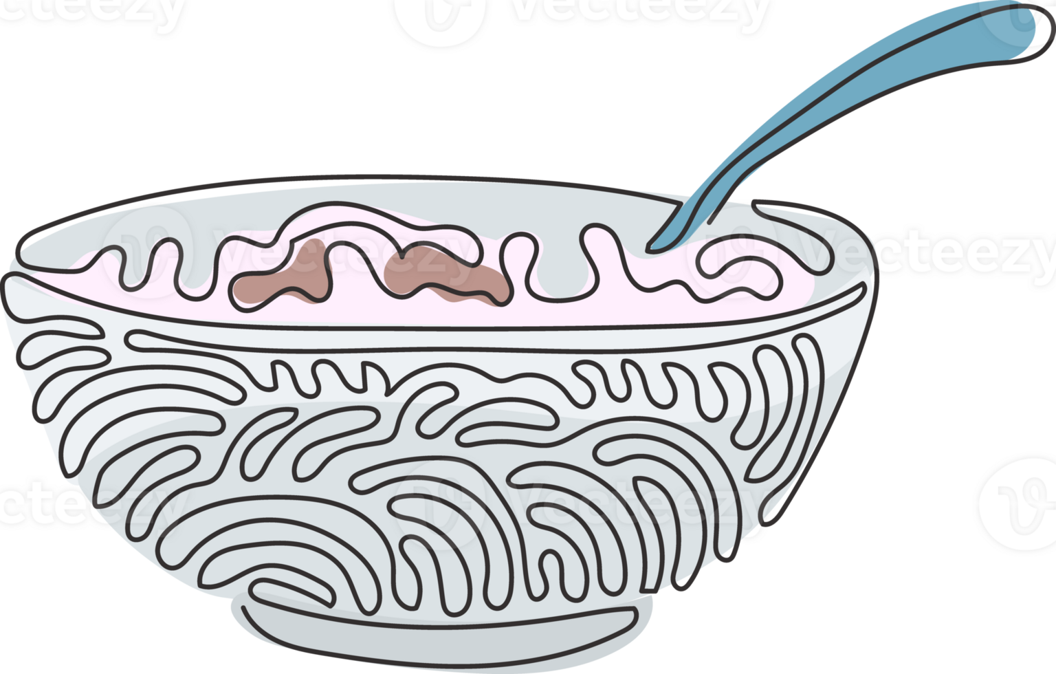 Single continuous line drawing corn flakes, cereal and milk splash in bowl. Healthy breakfast for children in the morning. Swirl curl style. Dynamic one line draw graphic design illustration png