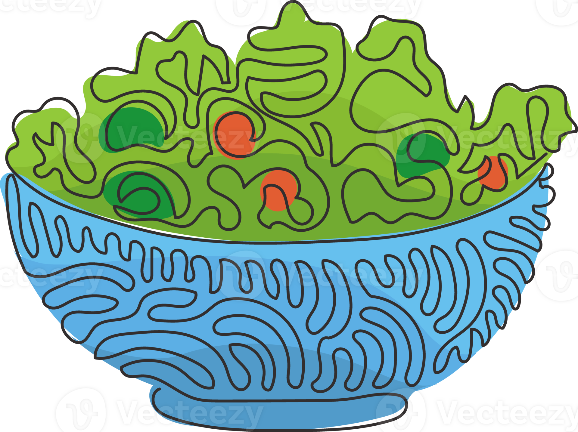 Single one line drawing green salad of fresh vegetables in salad bowl. Healthy appetizer for