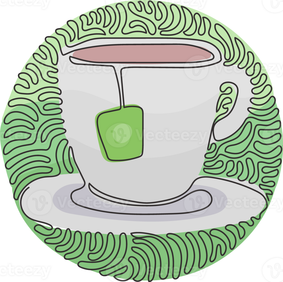 singolo continuo linea disegno tazza con tè Borsa. caldo bevande per prima colazione. godere freschezza e rilassamento. turbine arricciare cerchio stile. dinamico uno linea disegnare grafico design illustrazione png