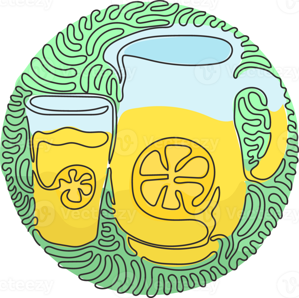 Single one line drawing lemonade in jug and glass. Glass and pitcher with lemons and ice cubes. Swirl curl circle style. Modern continuous line draw design graphic illustration png