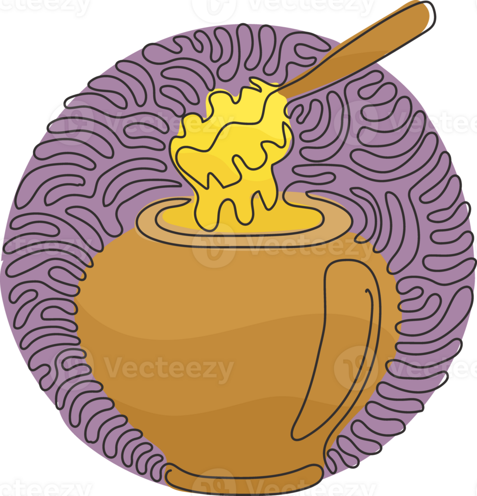 Single one line drawing glass pot full of honey and wooden honey dipper. Healthy food supplement for body. Swirl curl circle style. Continuous line draw design graphic illustration png