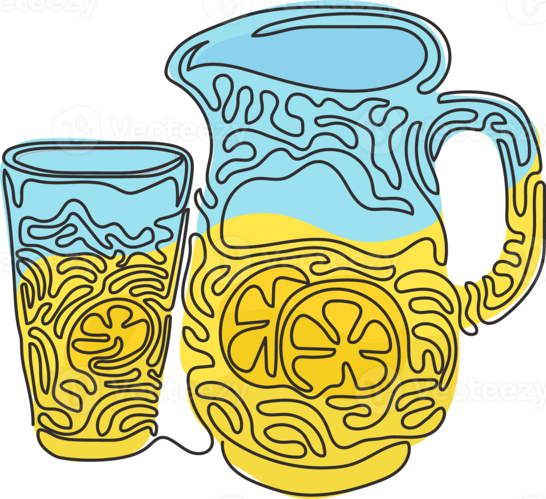 Single continuous line drawing lemonade in jug and glass. Glass and pitcher with lemons and ice cubes. Freshness cold drink. Swirl curl style. Dynamic one line draw graphic design illustration png