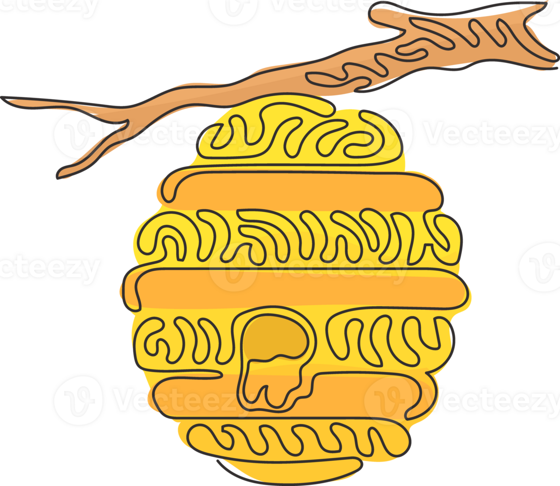Continuous one line drawing honey hive hanging on branch of tree with honey drop. House of bee. Source of honey. Healthy food. Swirl curl circle style. Single line design graphic illustration png
