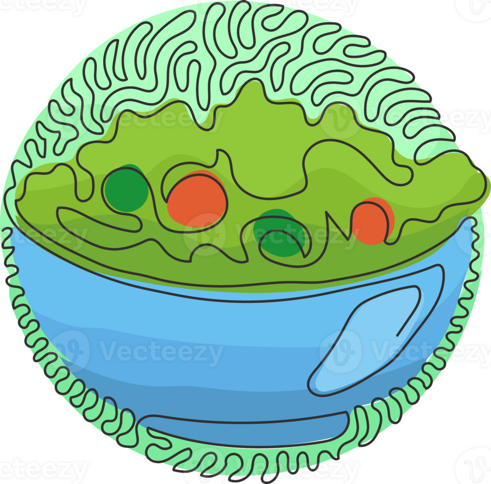 Single continuous line drawing green salad of fresh vegetables in salad bowl. Healthy appetizer for human body. Swirl curl circle style. One line draw graphic design illustration png