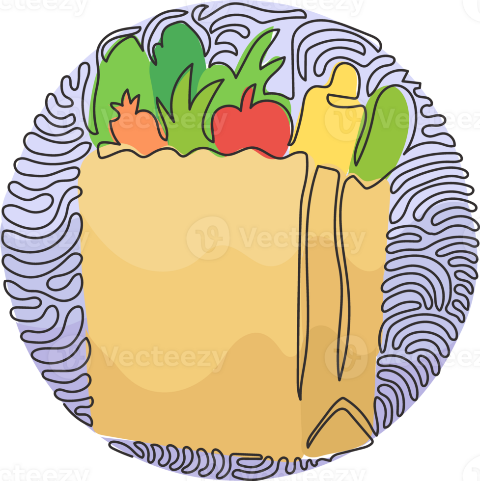 Single continuous line drawing grocery bag with vegetables. Paper package with produce. Paper bag in swirl curl circle style. Dynamic one line draw graphic design illustration png