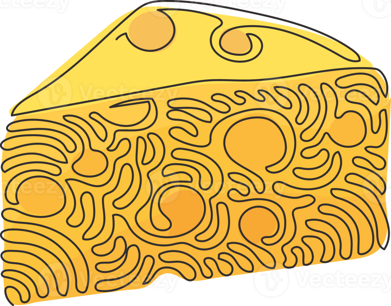 Continuous one line drawing cheddar cheese simple gradient logo with holes realistic triangle form. Tasty appetizer for breakfast. Swirl curl style. Single line draw design graphic illustration png