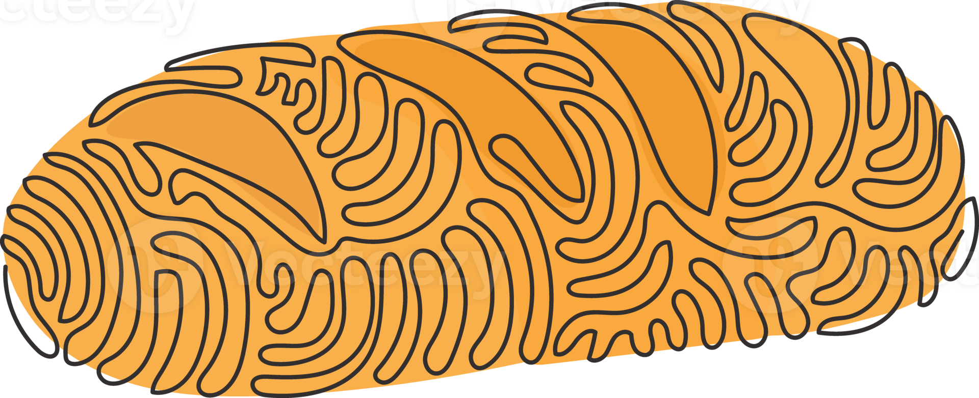 Continuous one line drawing baguette loaf of bread. White yeast bread. Appetizing long loaf for breakfast. Tasty bakery products. Swirl curl style. Single line draw design graphic illustration png
