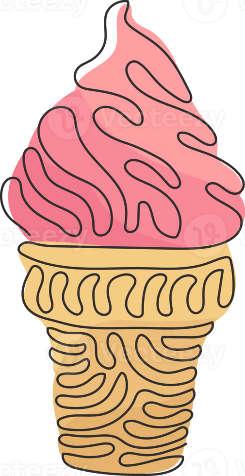 Single one line drawing delicious ice creams in crispy waffles cup. Tasty sweet ice-cream tastes. Cold summer desserts. Swirl curl style. Modern continuous line draw design graphic illustration png