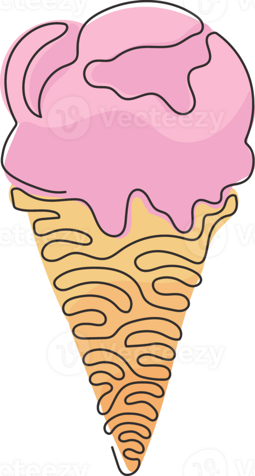 Single continuous line drawing delicious ice creams in crispy cone waffles. Tasty sweet ice-cream. Cold summer desserts. Swirl curl style. Dynamic one line draw graphic design illustration png