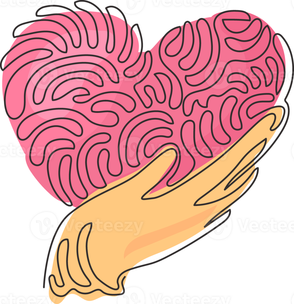 Single one line drawing hand holding heart icon. Save life or health care symbol. Swirl curl style. Isolated symbol. Modern continuous line draw design graphic illustration png