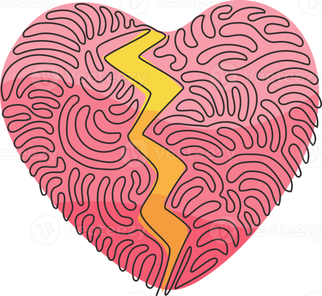 Single one line drawing love shape broken in two. Emoji of heartbreak, broken heart, divorce icon or symbol. Swirl curl style concept. Modern continuous line draw design graphic illustration png