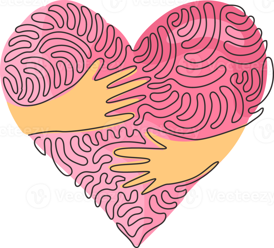 Single continuous line drawing embrace heart shape design template. Embracing icon or logo for health care symbol. Swirl curl style. Dynamic one line draw graphic design illustration png