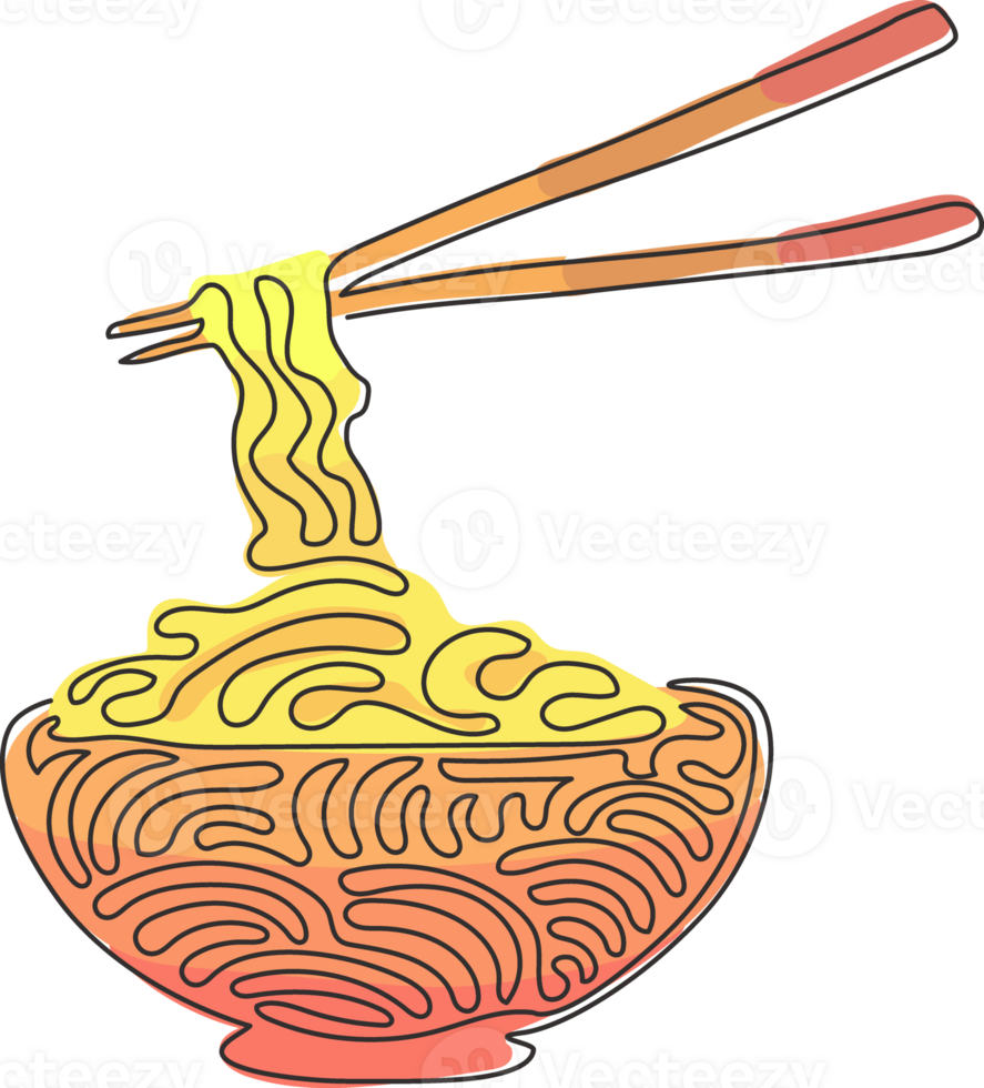 Single one line drawing noodle in bowl. Asian ramen oriental, traditional Chinese restaurant with pasta and chopsticks. Swirl curl style. Modern continuous line draw design graphic illustration png