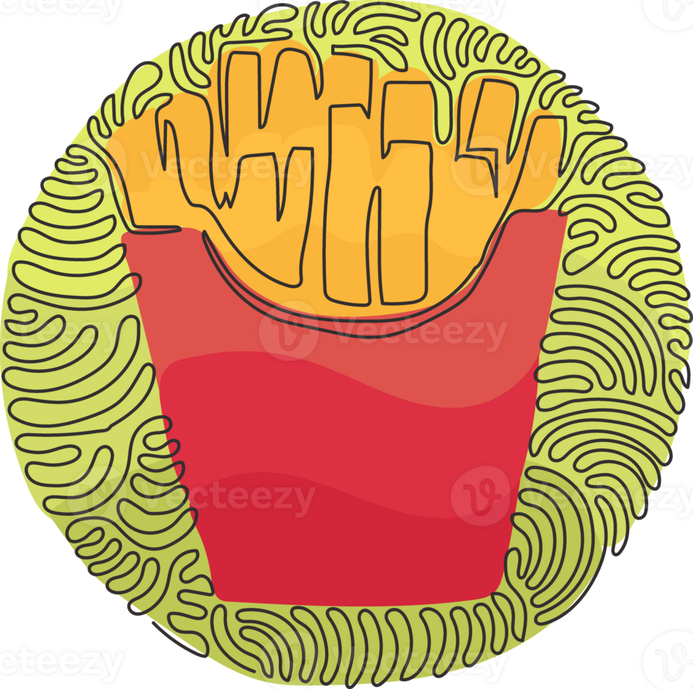 Continuous one line drawing French fries in paper box package, isolated. Fried potato. Fast food retro artwork. Swirl curl circle style. Single line draw design graphic illustration png