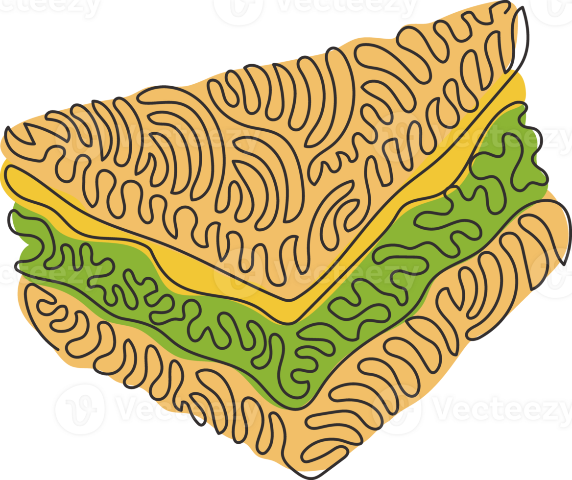 Single continuous line drawing delicious juicy sandwiches filled with vegetables, cheese, meat, cutlet. Snack for breakfast. Swirl curl style. Dynamic one line draw graphic design illustration png