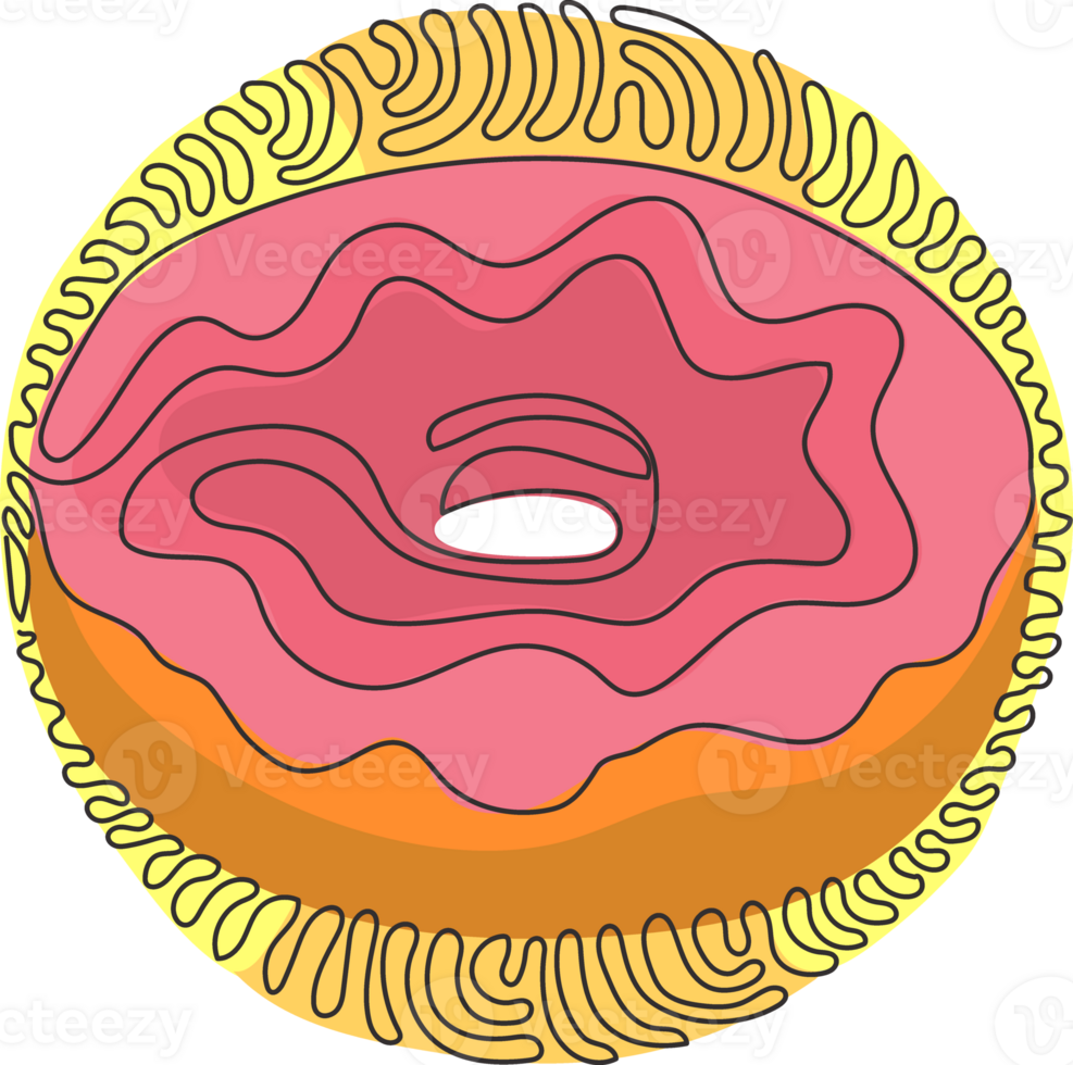 doorlopend een lijn tekening chocola geglazuurd ring donut. zoet donut. smakelijk vers voedsel voor ontbijt. kolken krullen cirkel stijl. single lijn trek ontwerp grafisch illustratie png