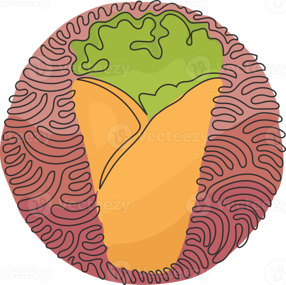 Single one line drawing shawarma or chicken wrap. Turkish fast food with meat and vegetables. Meal on grill of shawarma. Swirl curl circle style. Continuous line draw design graphic vector png