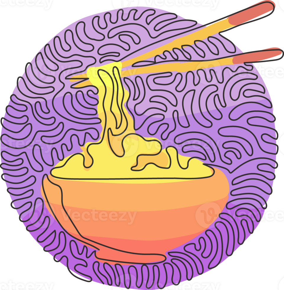 Single continuous line drawing noodle in bowl. Asian ramen, traditional Chinese restaurant with pasta and chopsticks. Swirl curl circle style. One line graphic design illustration png