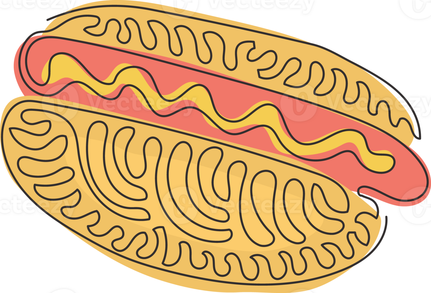 Continuous one line drawing of delicious hot dog. Minimal style. Perfect for cards, posters, stickers, clothing. Food concept. Swirl curl style. Single line draw design graphic illustration png