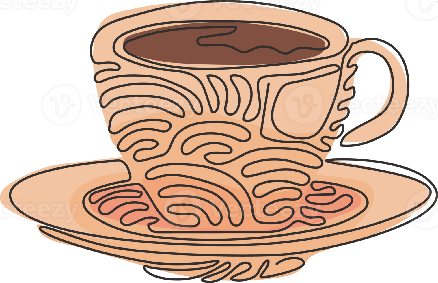 Single continuous line drawing coffee cup for latte, espresso, cappuccino. Hot coffee ready to drink for breakfast in the morning. Swirl curl style. One line draw graphic design illustration png