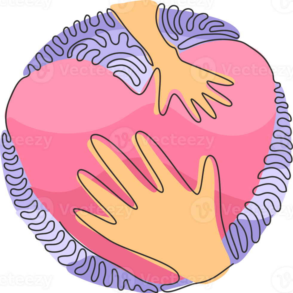 Single continuous line drawing hand touching heart, shape template. Hand touch heart for protect nature symbol. Swirl curl circle style. Dynamic one line graphic design illustration png