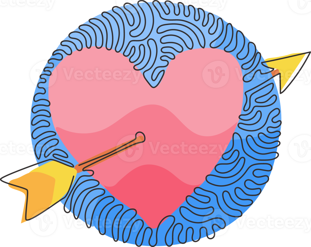 kontinuerlig ett linje teckning hjärta med pil ikon klotter stil. romantisk dekoration logotyp. virvla runt ringla cirkel stil. enda linje dra design grafisk illustration png