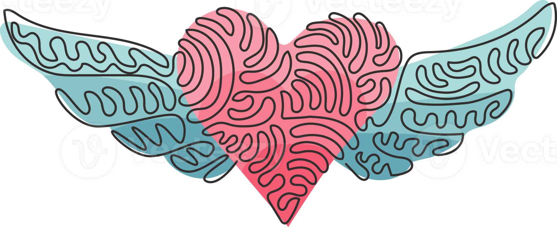 Single continuous line drawing heart with open wings holiday romantic decoration logo image. Swirl curl style. Dynamic one line draw graphic design illustration png