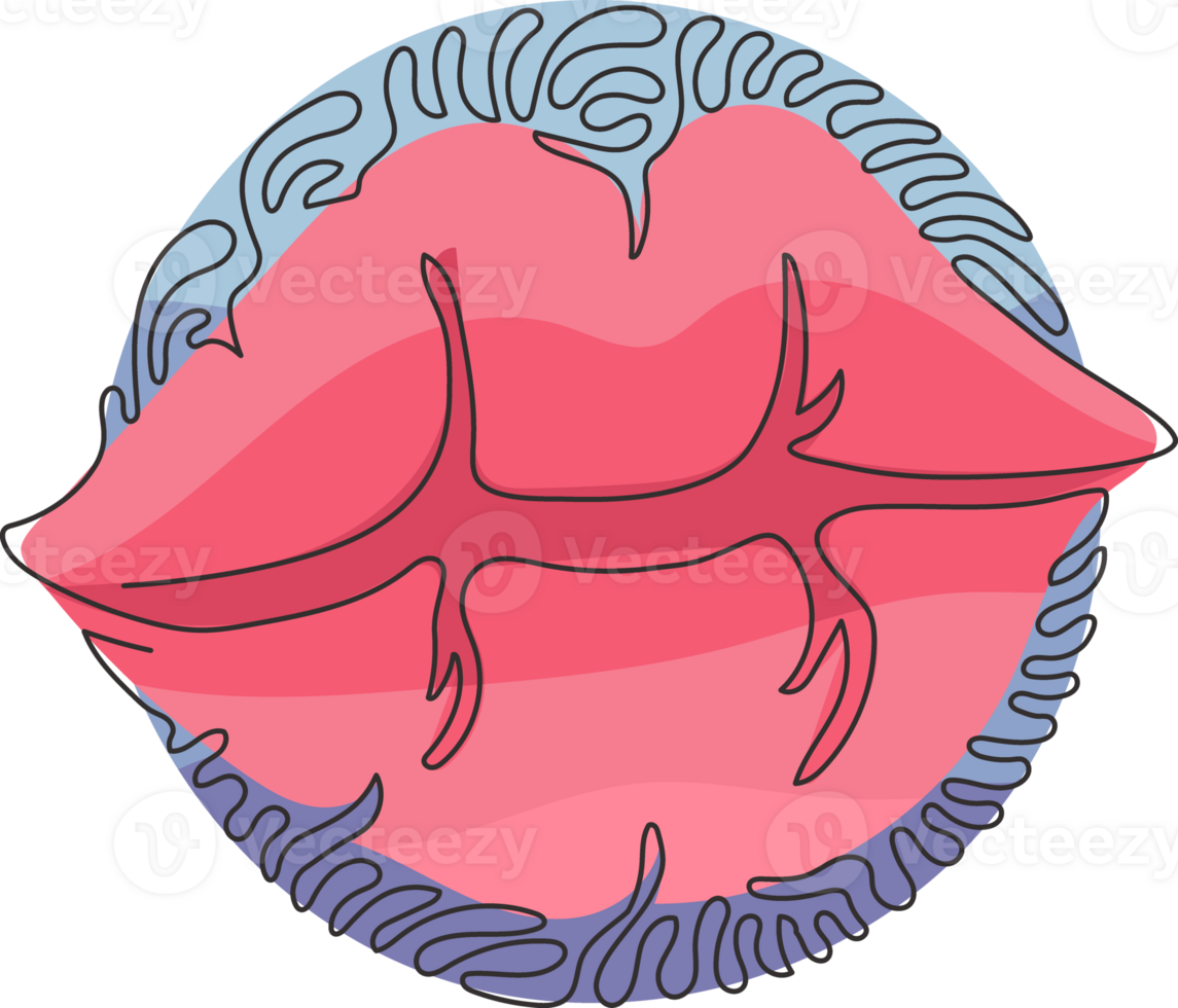 Single one line drawing beautiful red lips. Mark left after firm kiss is placed with bright lipstick. Kiss mark emoji. Swirl curl circle style. Continuous line draw design graphic png