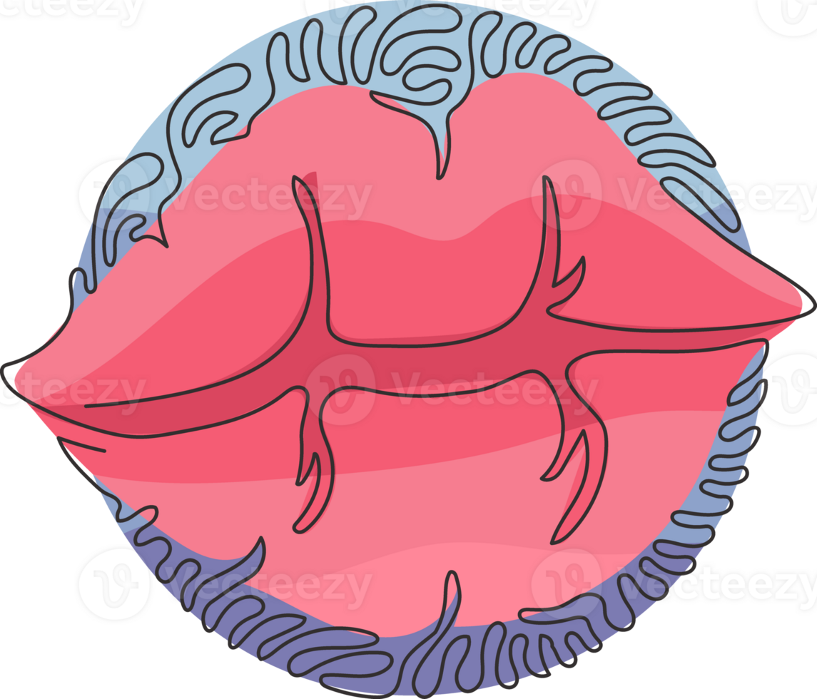 singolo uno linea disegno bellissimo rosso labbra. marchio sinistra dopo azienda bacio è posto con luminosa rossetto. bacio marchio emoji. turbine arricciare cerchio stile. continuo linea disegnare design grafico png