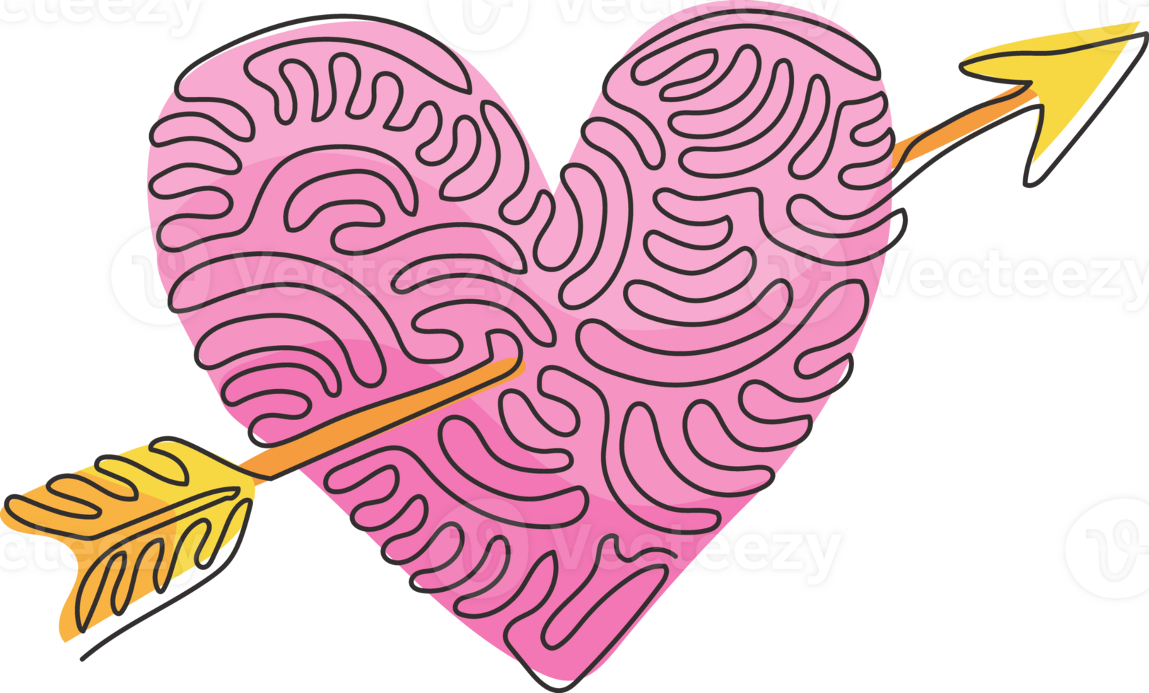 Single one line drawing heart with arrow icon doodle style. Romantic decoration logo image. Swirl curl style. Modern continuous line draw design graphic illustration png