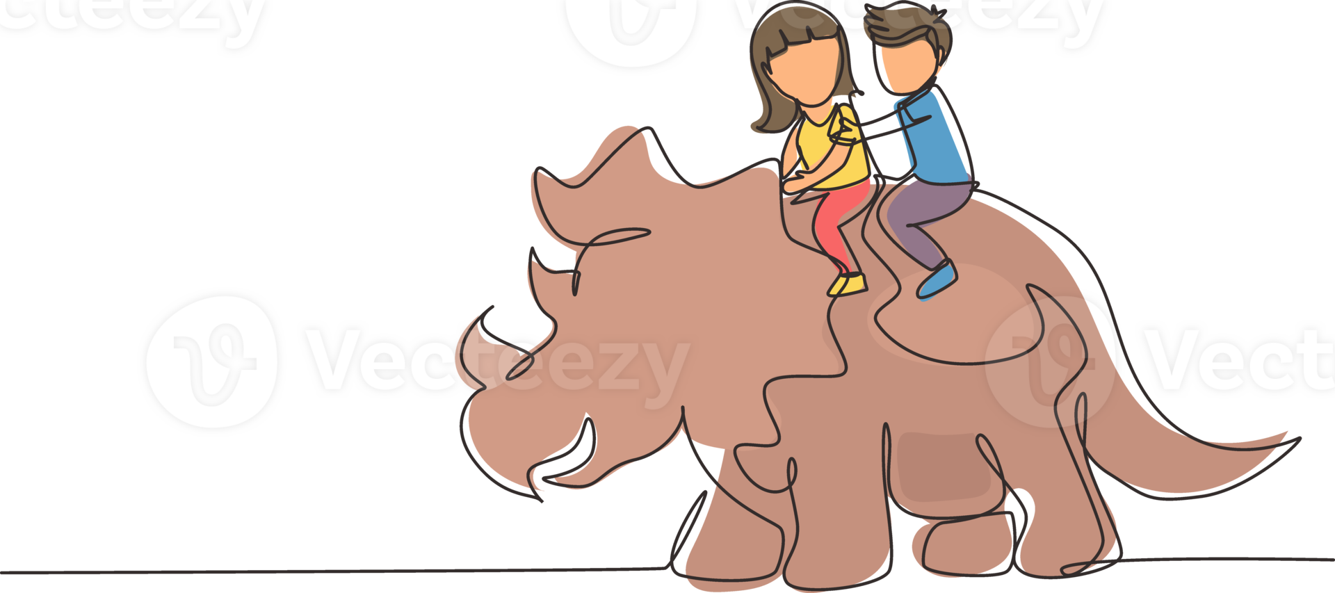 Single continuous line drawing little boy and girl caveman riding triceratops together. Kids sitting on back of dinosaur. Stone age children. Ancient human life. One line draw graphic design png