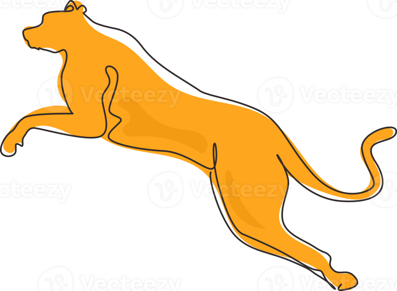 Single continuous line drawing strong cheetah is jumping for company logo identity. Wildcat animal mascot concept for national safari zoo. Dynamic one line draw graphic design illustration png