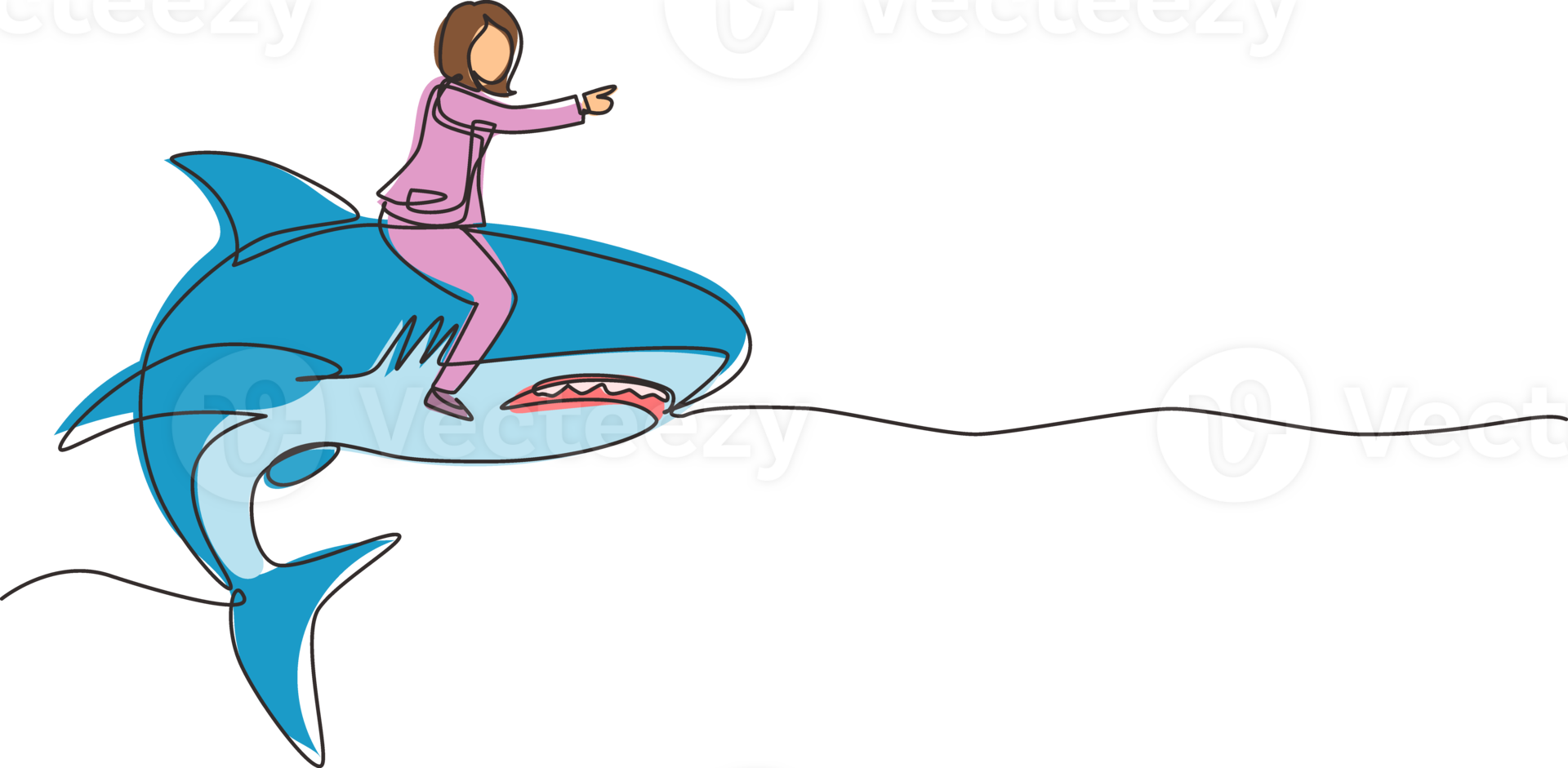Single one line drawing brave businesswoman riding huge dangerous shark. Professional entrepreneur female character. Successful business woman. Continuous line draw design graphic illustration png