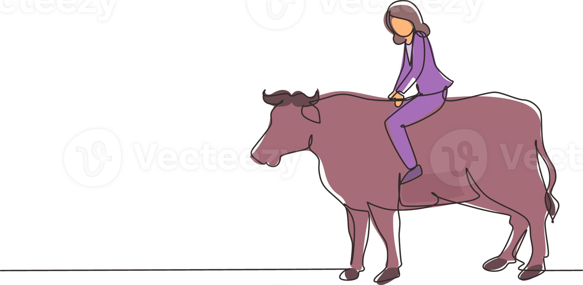 Continuous one line drawing businesswoman riding cow symbol of success. Business metaphor concept, looking at the goal, achievement, leadership. Single line draw design graphic illustration png