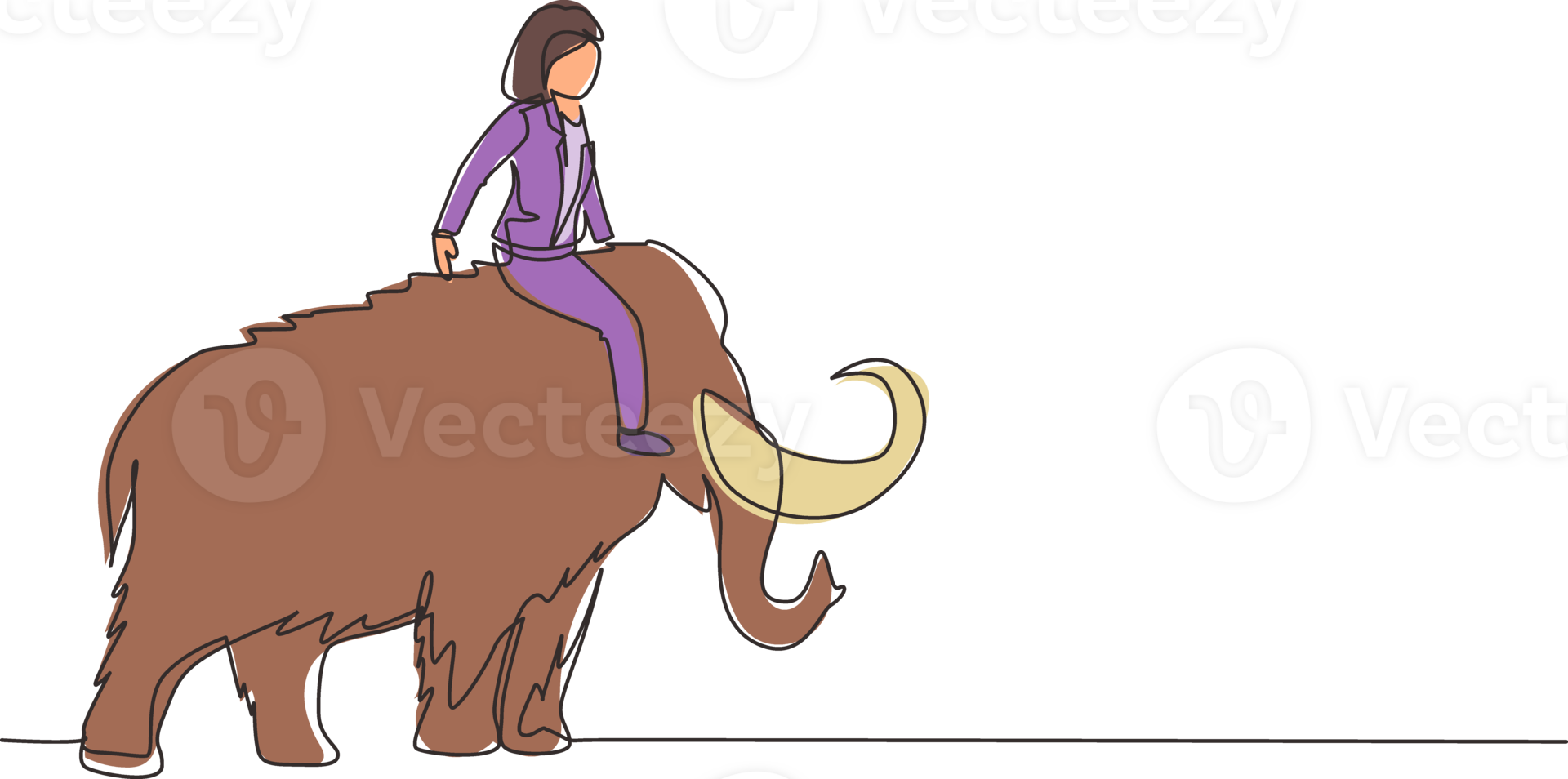 Continuous one line drawing businesswoman riding huge dangerous mammoth. Professional entrepreneur female character. Successful business woman. Single line draw design graphic illustration png