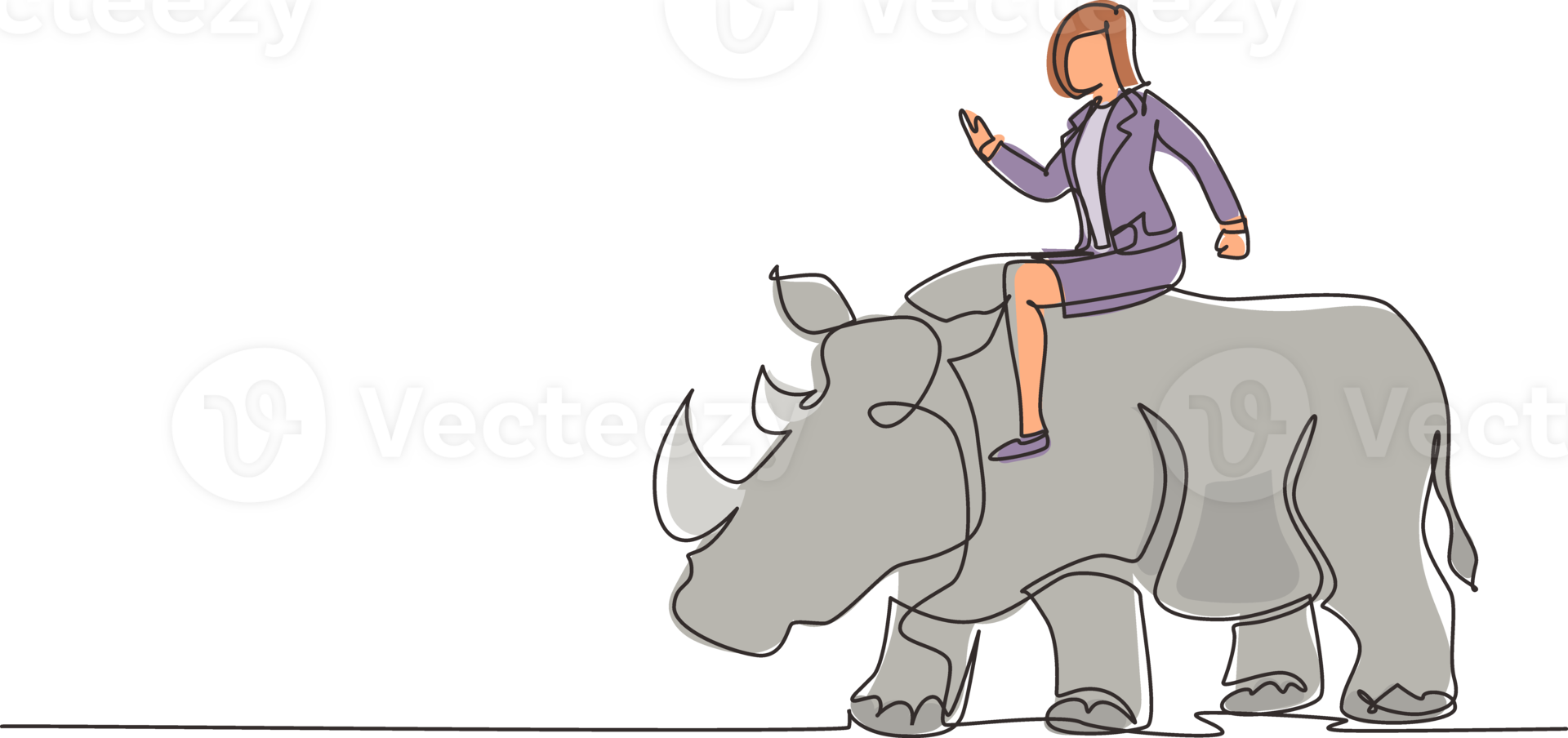 Single continuous line drawing businesswoman riding rhinoceros symbol of success. Business metaphor concept, looking at goal, achievement, leadership. One line draw graphic design illustration png