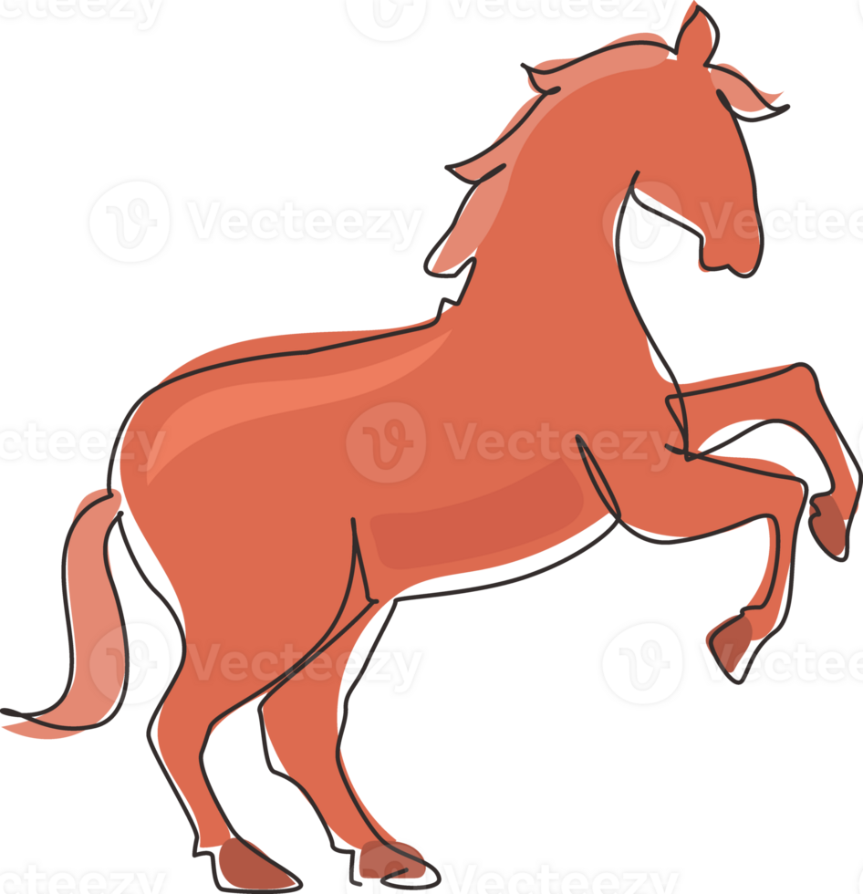 Single continuous line drawing proud white horse walks gracefully with its front hoof forward. Wild mustang gallops in free nature. Strong animal mascot. One line graphic design illustration png