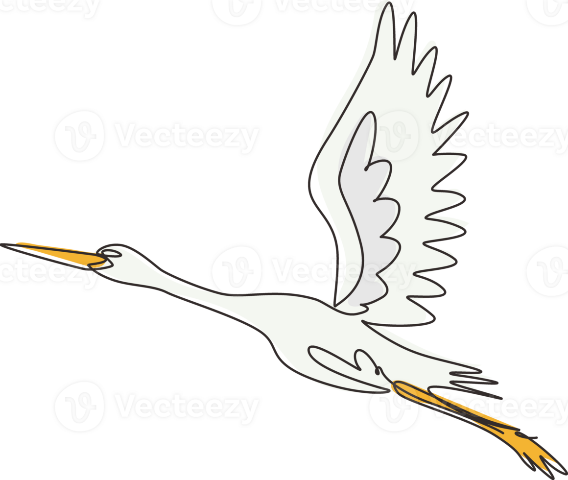 enda kontinuerlig linje teckning storkar flygande i himmel. fågel som symbol för bebis dusch, leverans, Nyheter, graviditet. vår humör begrepp. fågel liv natur. ett linje dra grafisk design illustration png