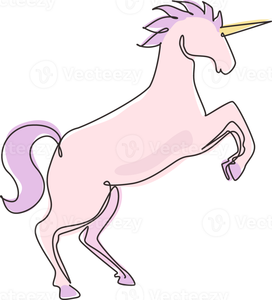 Continuous one line drawing unicorn lift two front legs. Black jumping fictional fairy animal. Magical unicorn running on wind. Childhood fantasy. Single line draw design graphic illustration png
