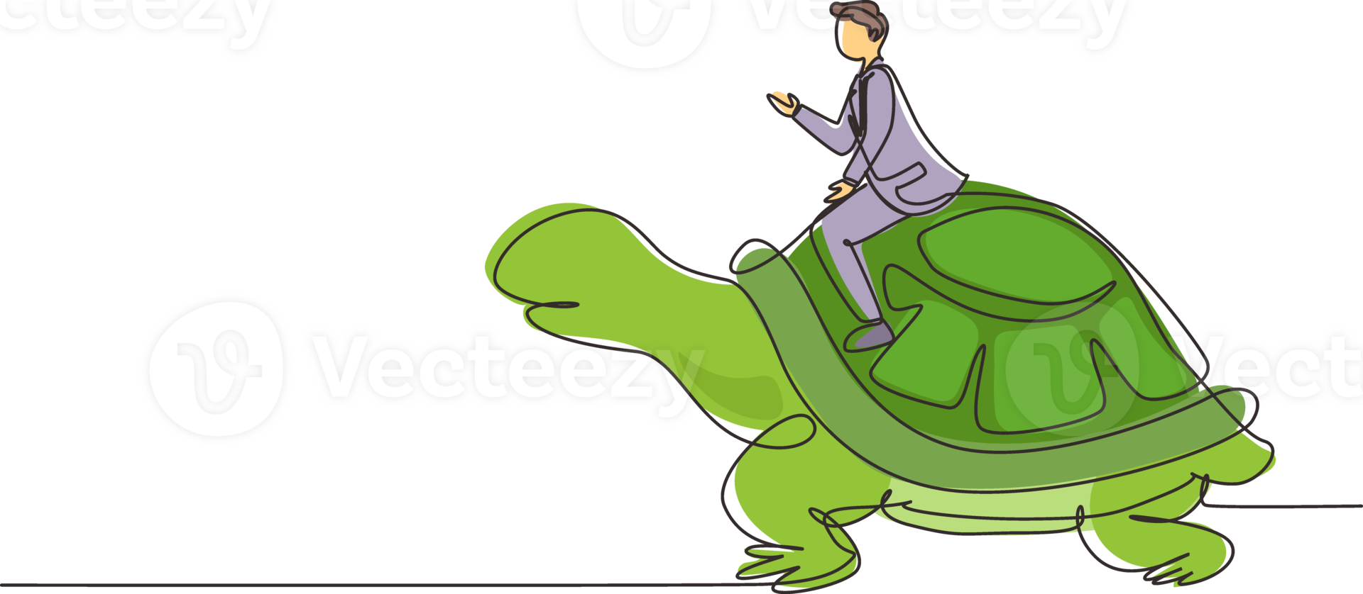 Continuous one line drawing businessman riding huge turtle. Slow movement to success, manager driving giant tortoise. Business competition concept. Single line draw design graphic illustration png