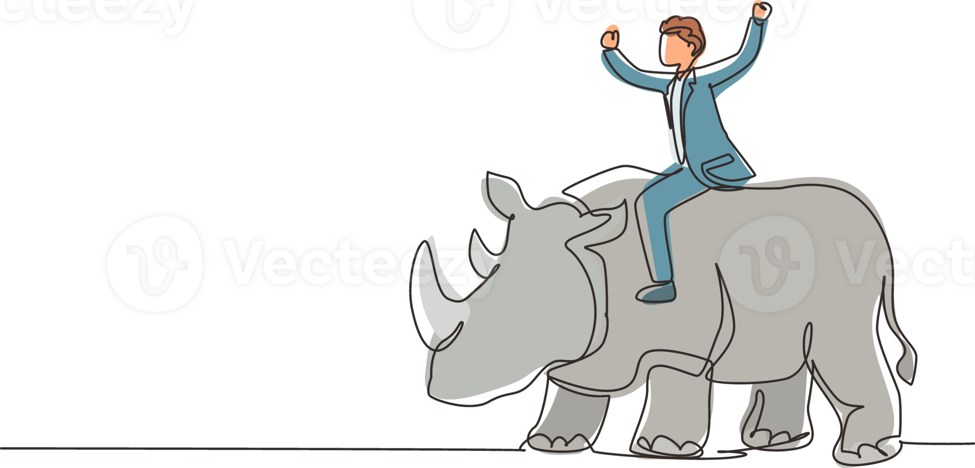 Single one line drawing businessman riding rhinoceros symbol of success. Business metaphor concept, looking at goal, achievement, leadership. Continuous line draw design graphic illustration png