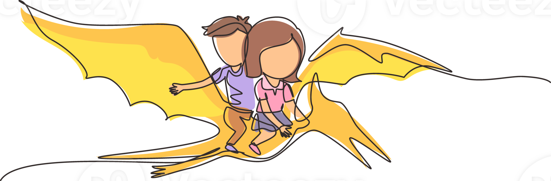 Single continuous line drawing boy and girl riding flying dinosaur together. Pterodactyl ride with kids sitting on back of dinosaur and flying high in sky. Dynamic one line draw graphic design png