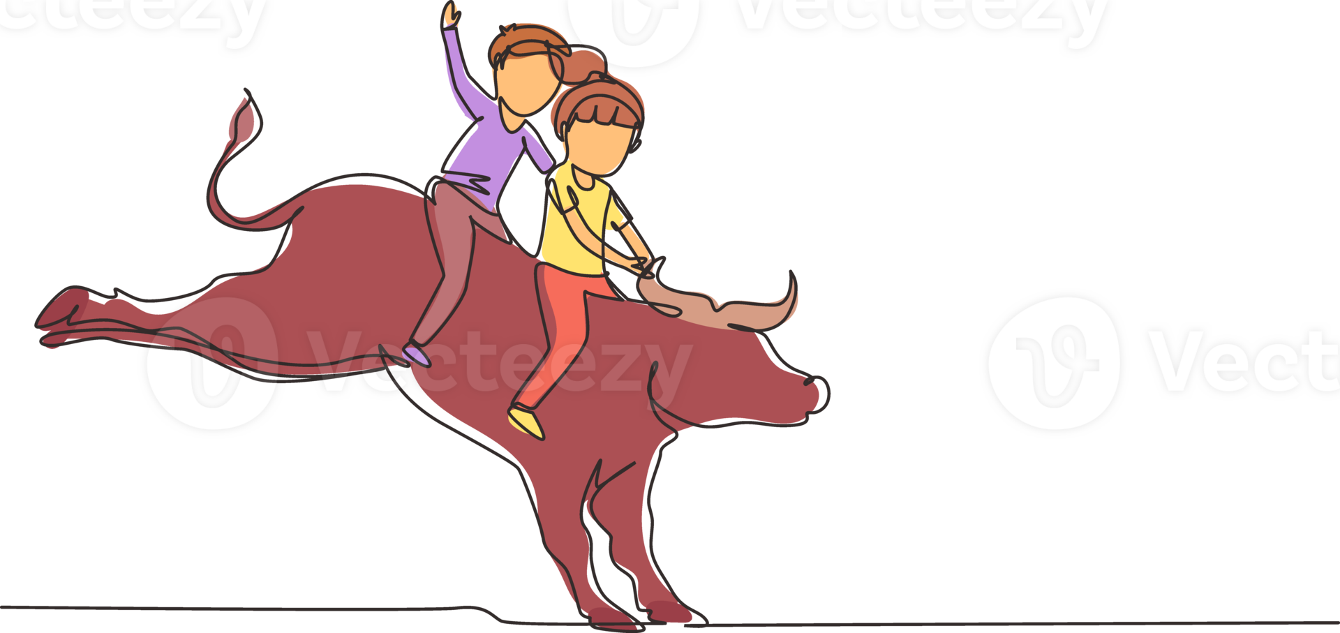 Single one line drawing happy cute kid boy and girl riding cute bull together. Children sitting on back bull with saddle in cowboy ranch. Kids learning to ride bull. Continuous line draw design png