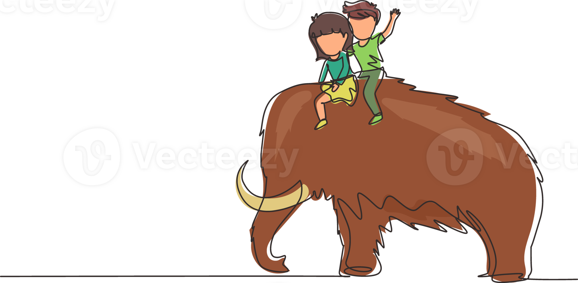 Continuous one line drawing little boy and girl caveman riding woolly mammoth together. Kids sitting on back of mammoth. Stone age children. Ancient human life. Single line draw designgraphic png