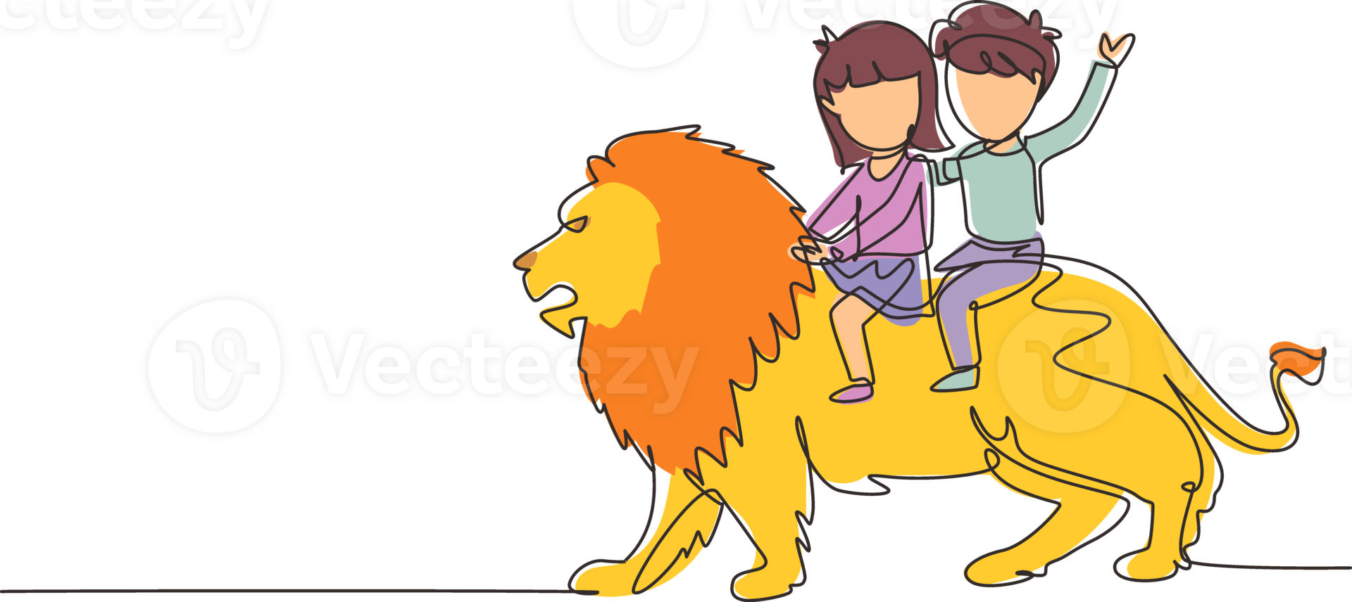 Continuous one line drawing little boy and girl riding lion together. Children sitting on back big lion at circus event. Kids learning to ride beast animal. Single line draw designgraphic png