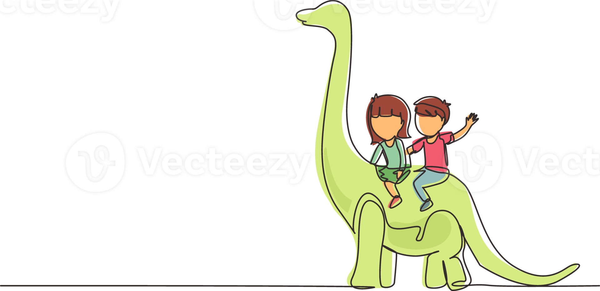 Single continuous line drawing little boy and girl caveman riding brontosaurus together. Kids sitting on back of dinosaur. Ancient human life concept. One line draw graphic designillustration png